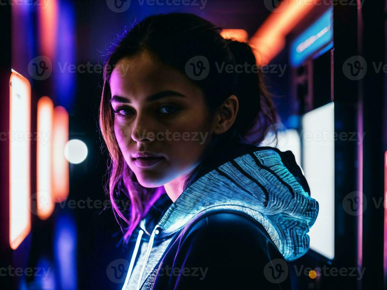 photo of woman in black hoodie in server data center room with neon light, generative AI