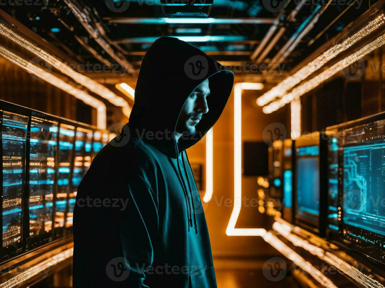 photo of man in black hoodie in server data center room with neon light, generative AI