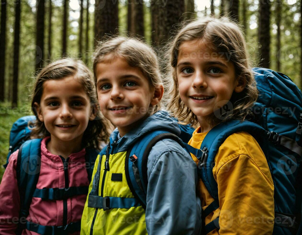 photo group of kids as a backpacker in the dark wood, generative AI