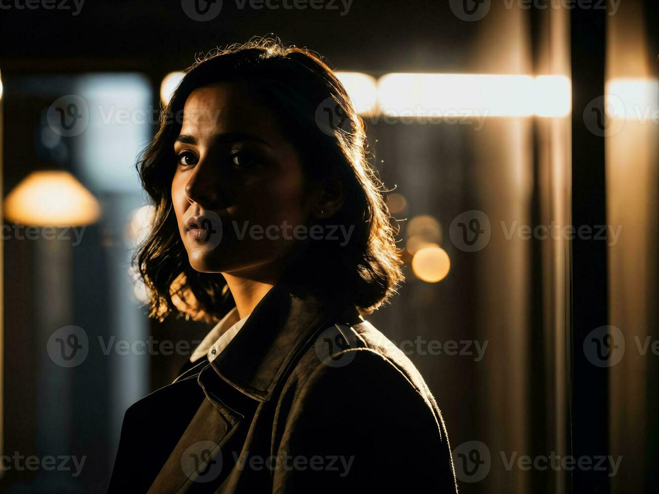 photo of serious detective woman in crime scene, generative AI
