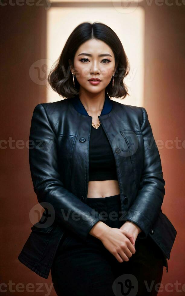 photo of asian woman in jacket outfit with colorful light in background, generative AI