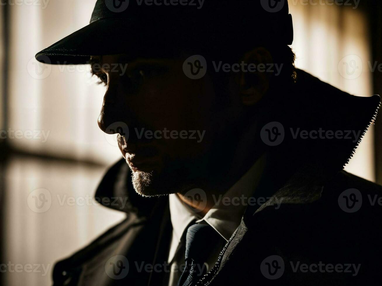 photo of serious detective man in crime scene, generative AI