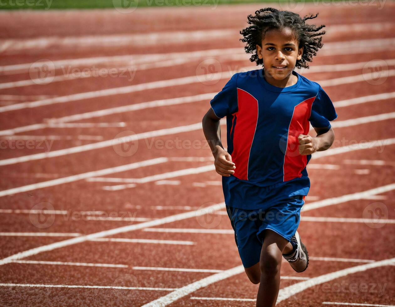 foto de chico niños corriendo carrera deporte a escuela, generativo ai