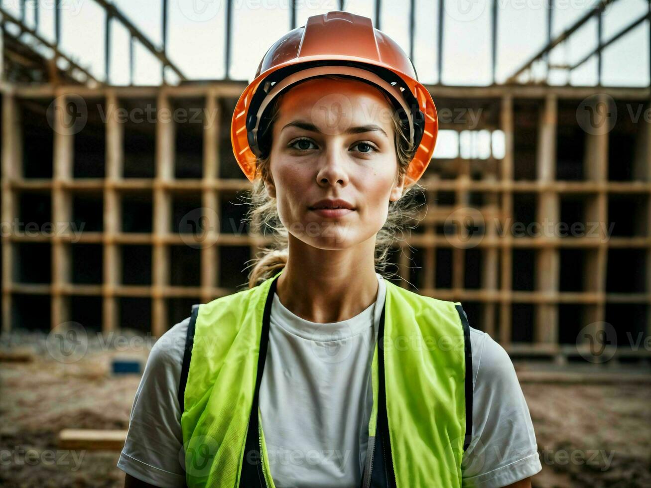 photo of woman as a construction worker with helmet, generative AI