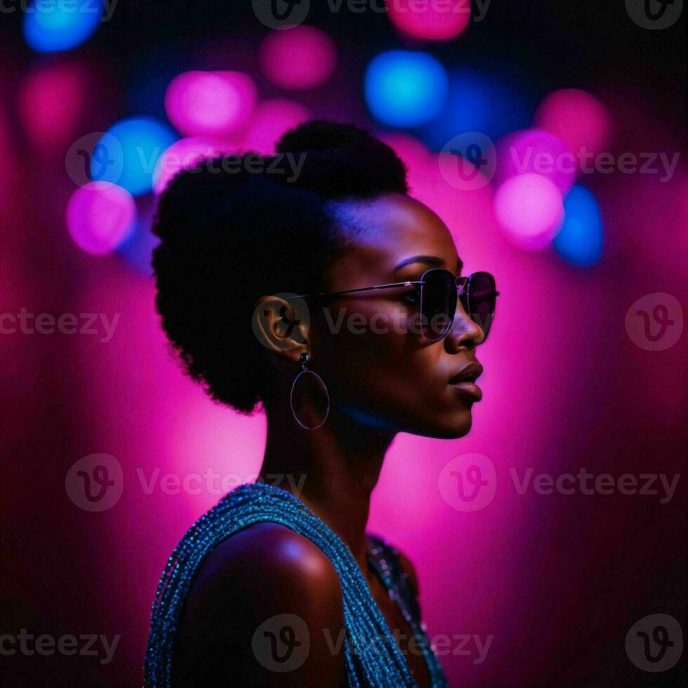 photo of beautiful african woman with with mixed pink and blue neon light, generative AI