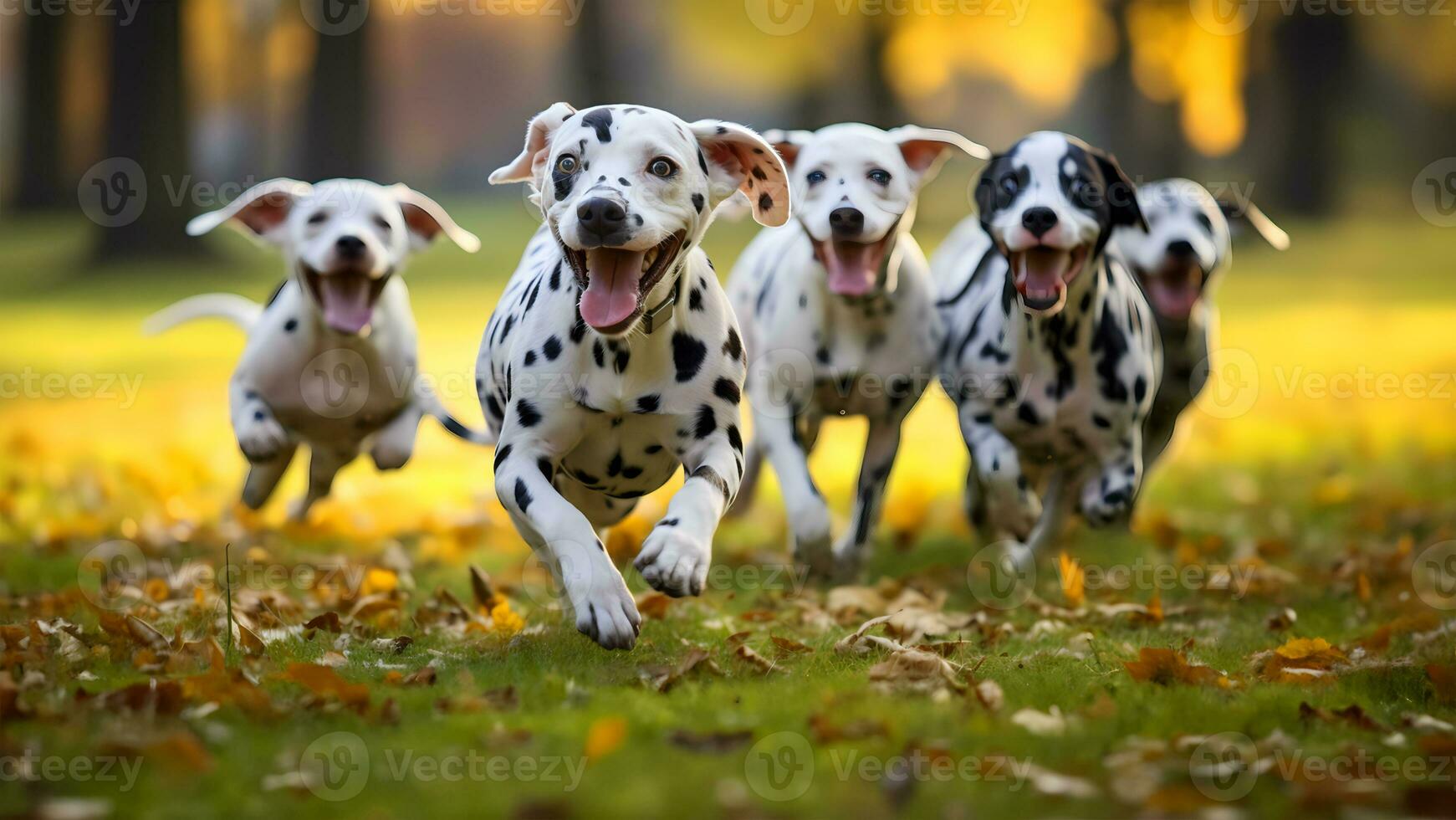a group of adorable and playful Dalmatian dogs running and frolicking on green grass in a park. AI Generated photo