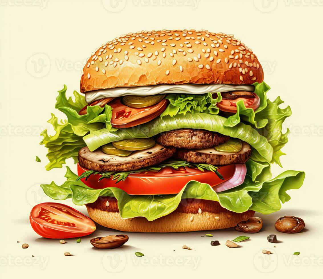 The perfect hamburger with cheese, bacon, pickles, tomato, onions and lettuce. Created with Generative AI photo