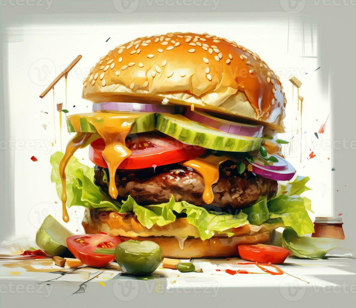 The perfect hamburger with cheese, bacon, pickles, tomato, onions and lettuce. Created with Generative AI photo