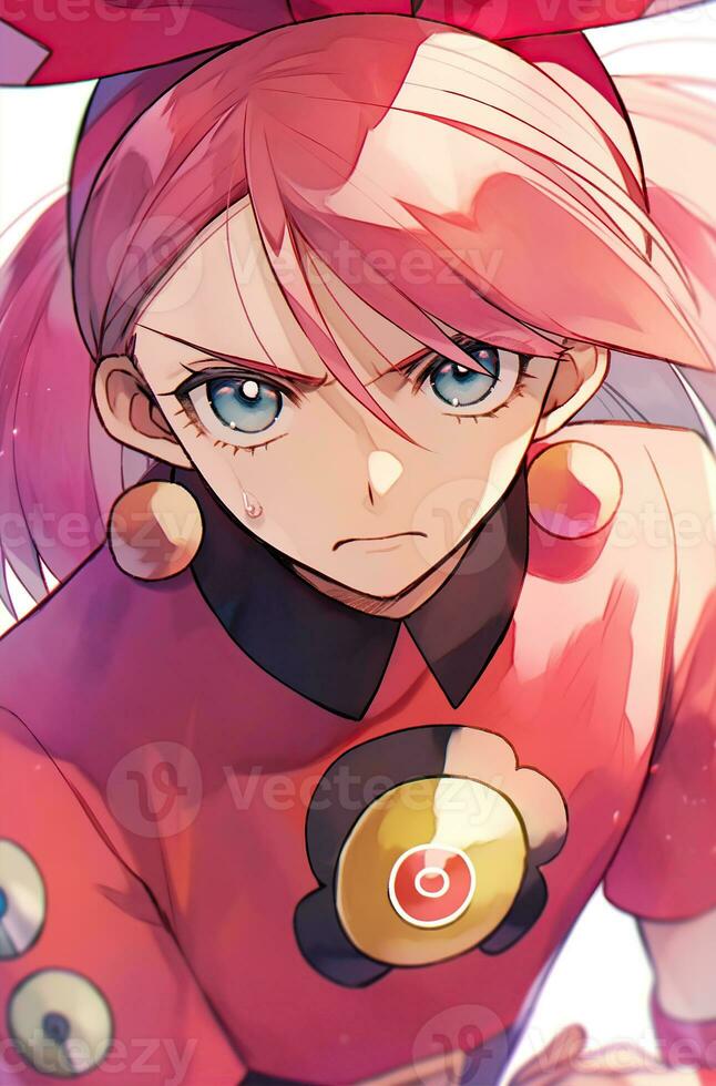 Pretty anime girl with red hair pulled back. Created with Generative AI photo