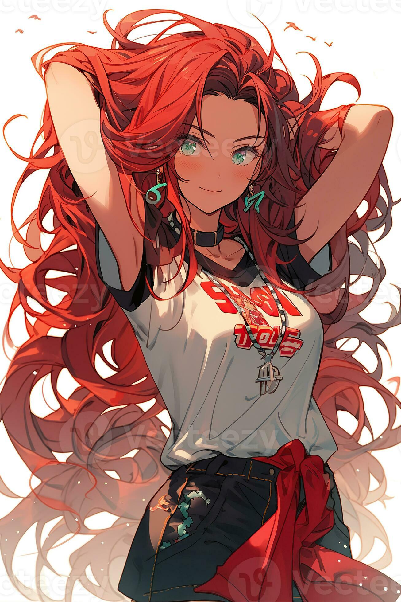 Pretty anime girl with red hair pulled back. Created with Generative AI  28109024 Stock Photo at Vecteezy