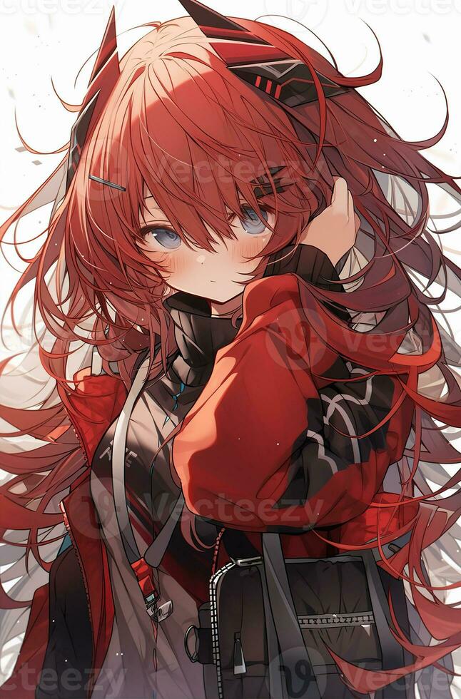 bonito anime niña con rojo pelo tirado atrás. creado con generativo ai foto