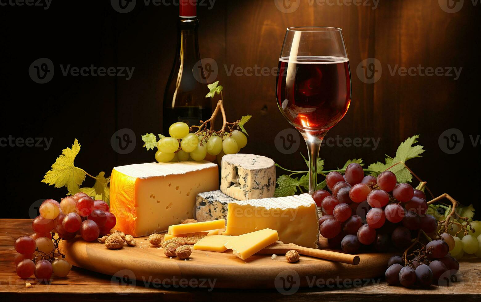 vino, quesos y uvas en un Clásico configuración. creado con generativo ai foto