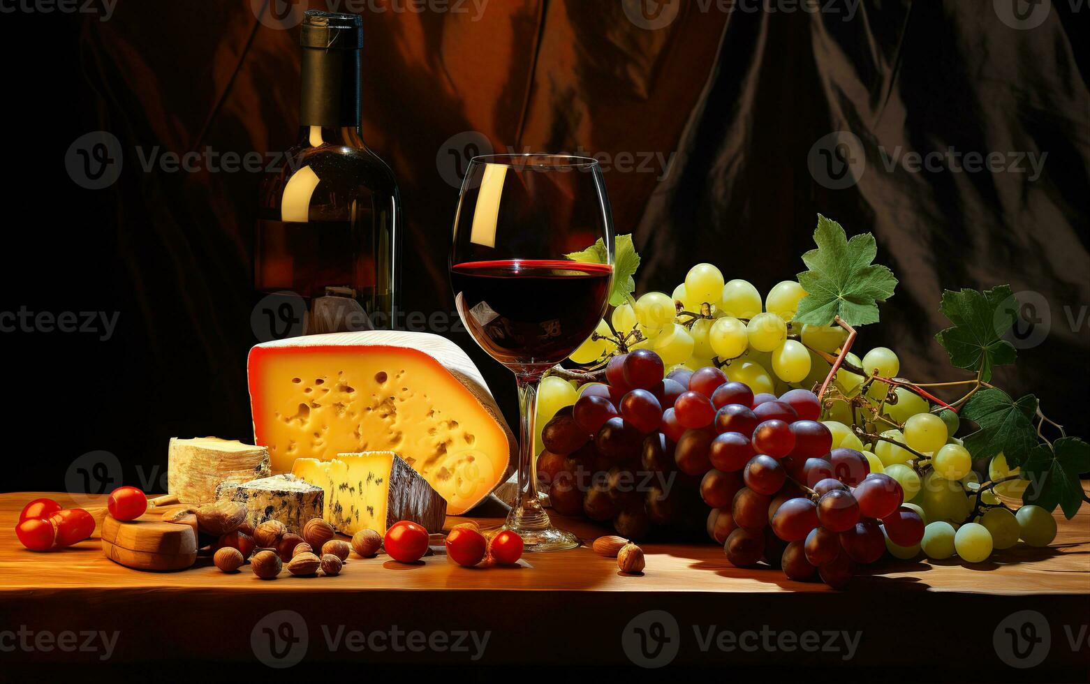 Wine, cheeses and grapes in a vintage setup. Created with Generative AI photo