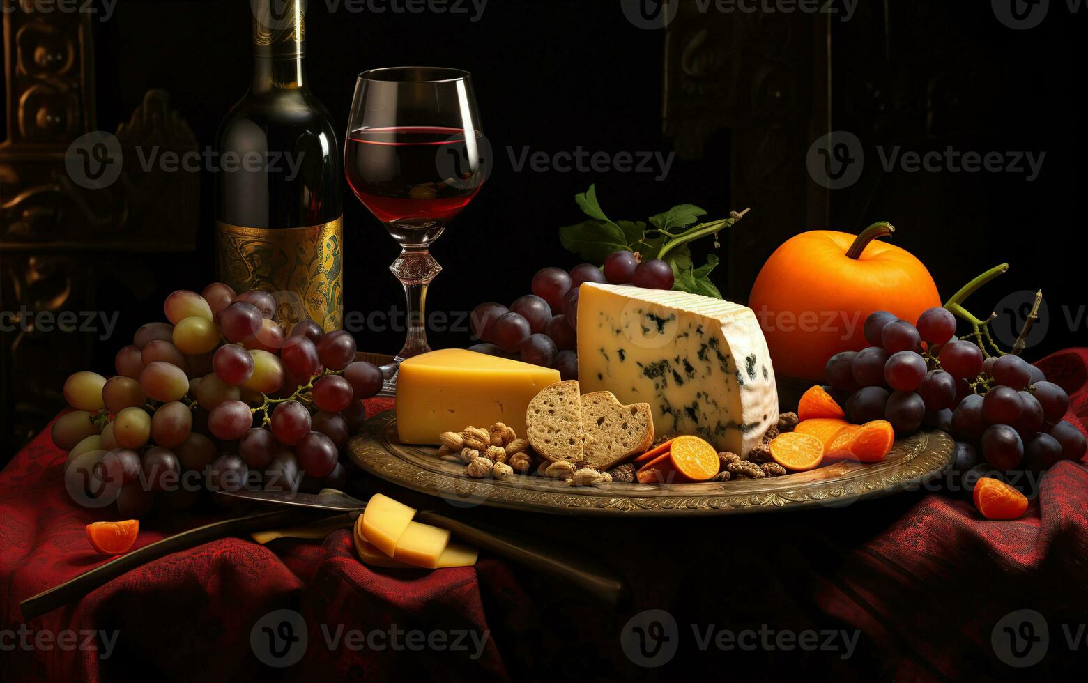 Wine, cheeses and grapes in a vintage setup. Created with Generative AI photo