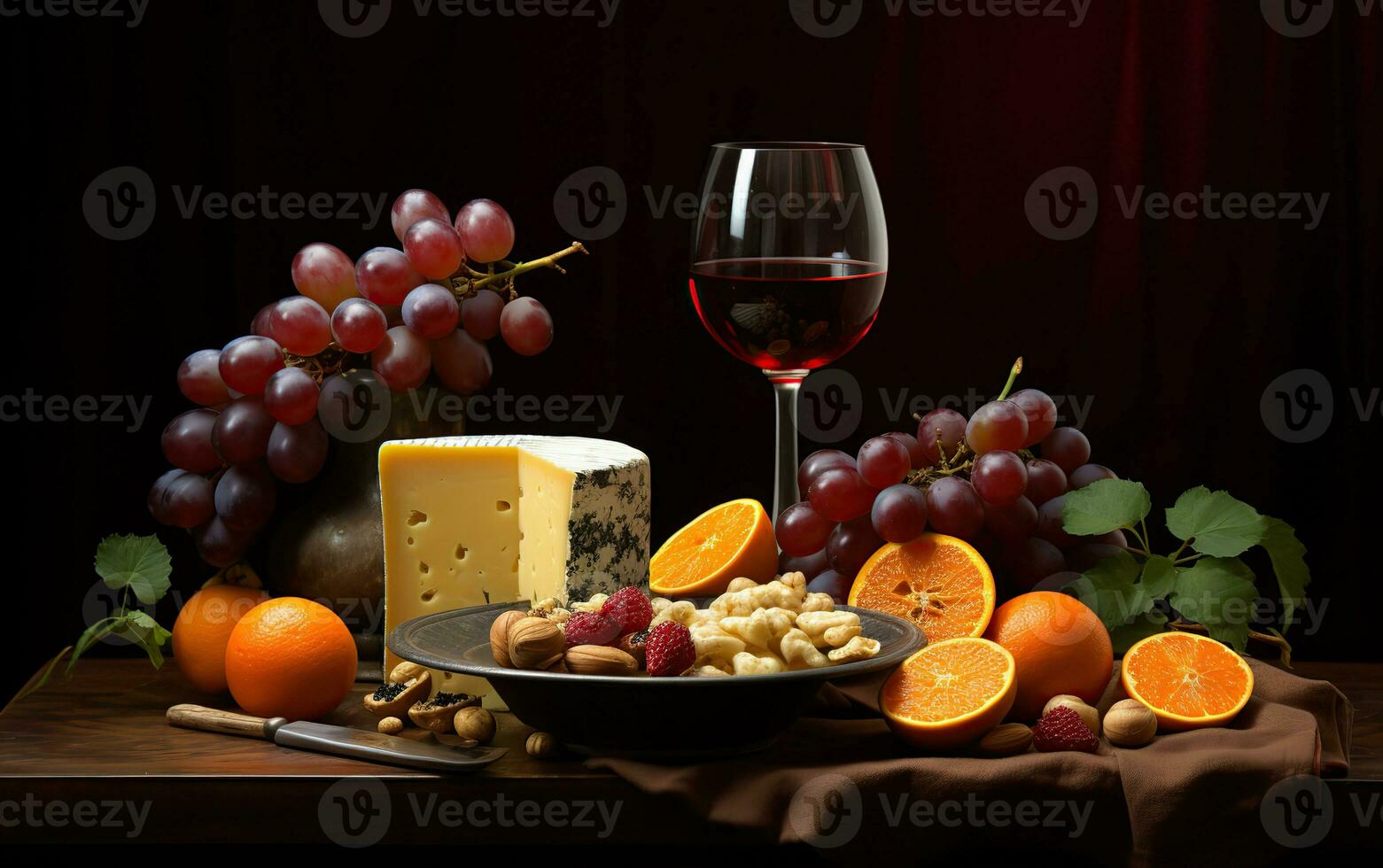 vino, quesos y uvas en un Clásico configuración. creado con generativo ai foto