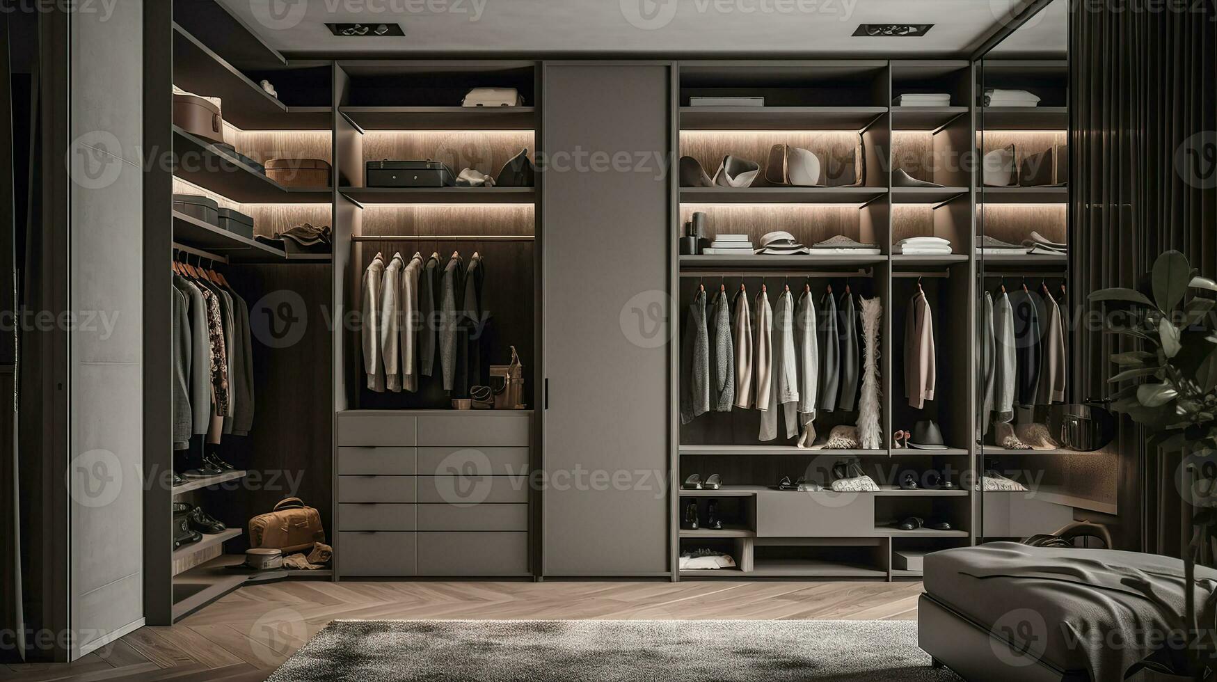 A stylish and functional wardrobe for clothing. Created with Generative AI photo