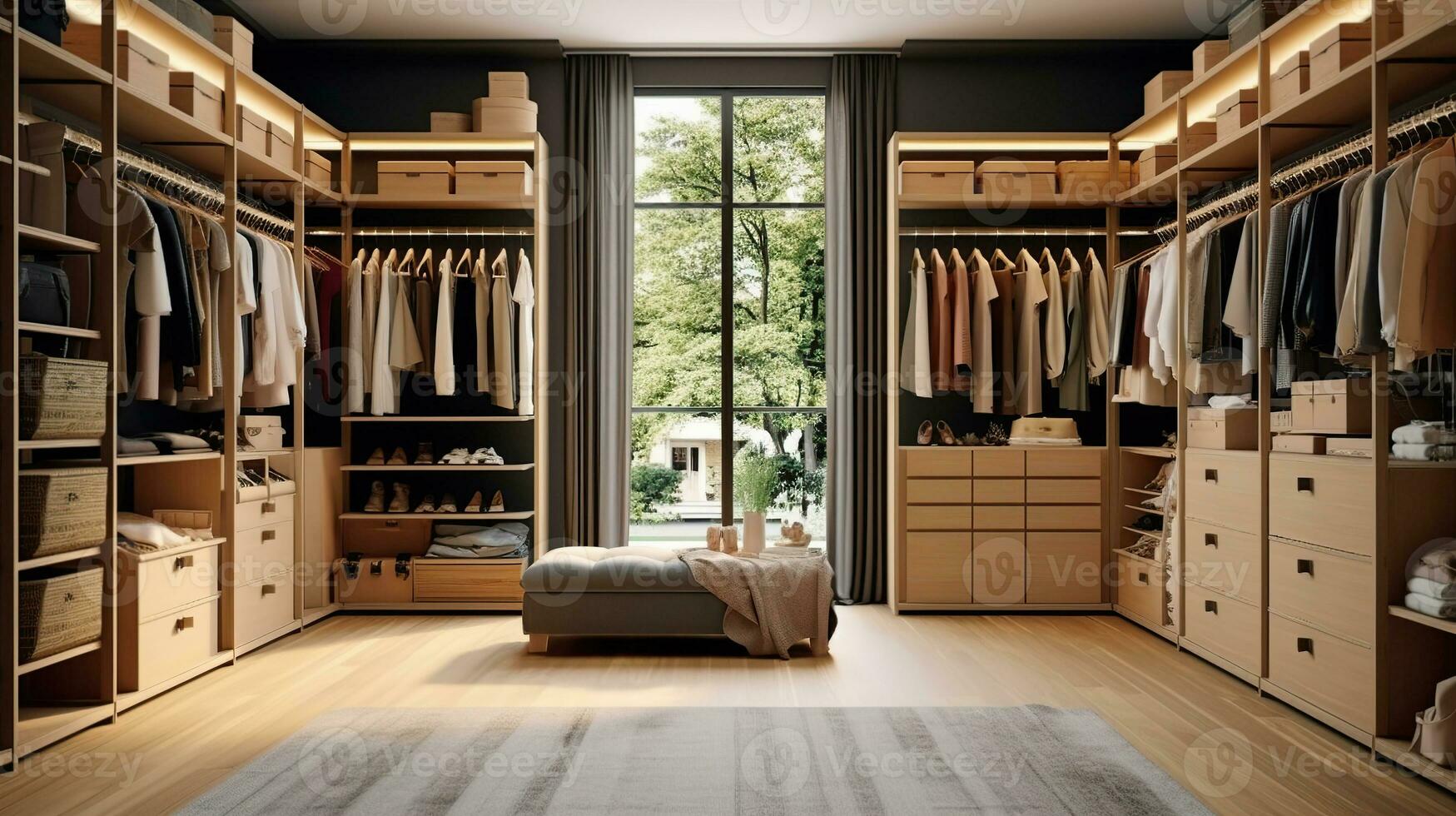 A stylish and functional wardrobe for clothing. Created with Generative AI photo