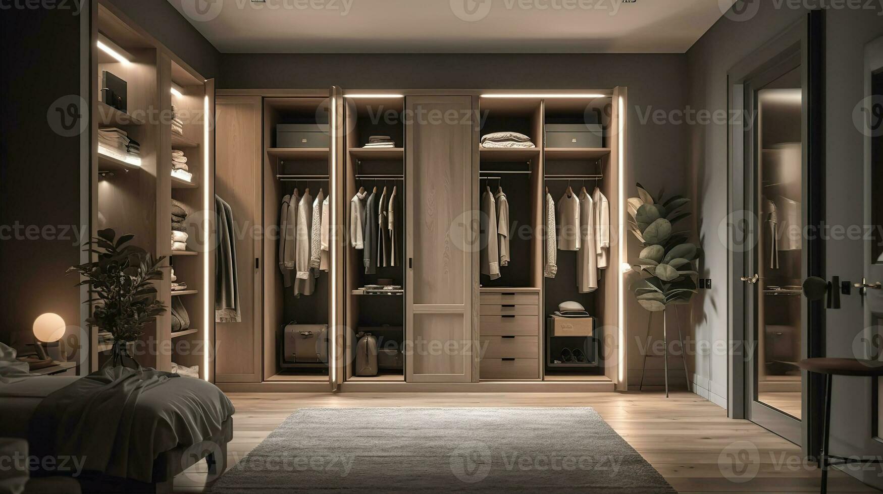 A stylish and functional wardrobe for clothing. Created with Generative AI photo