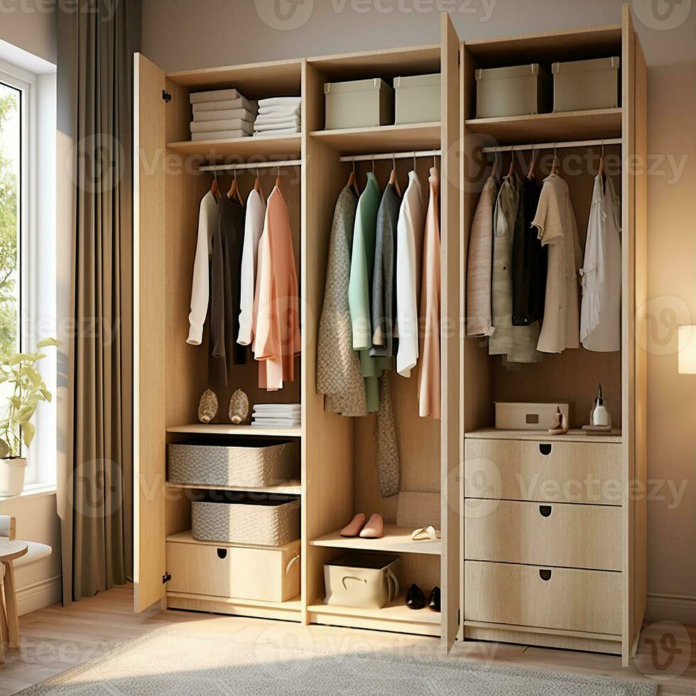 A stylish and functional wardrobe for clothing. Created with Generative AI photo