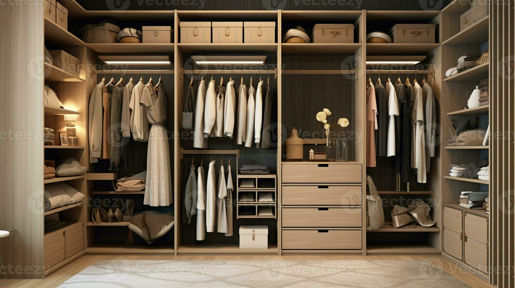 A stylish and functional wardrobe for clothing. Created with Generative AI photo