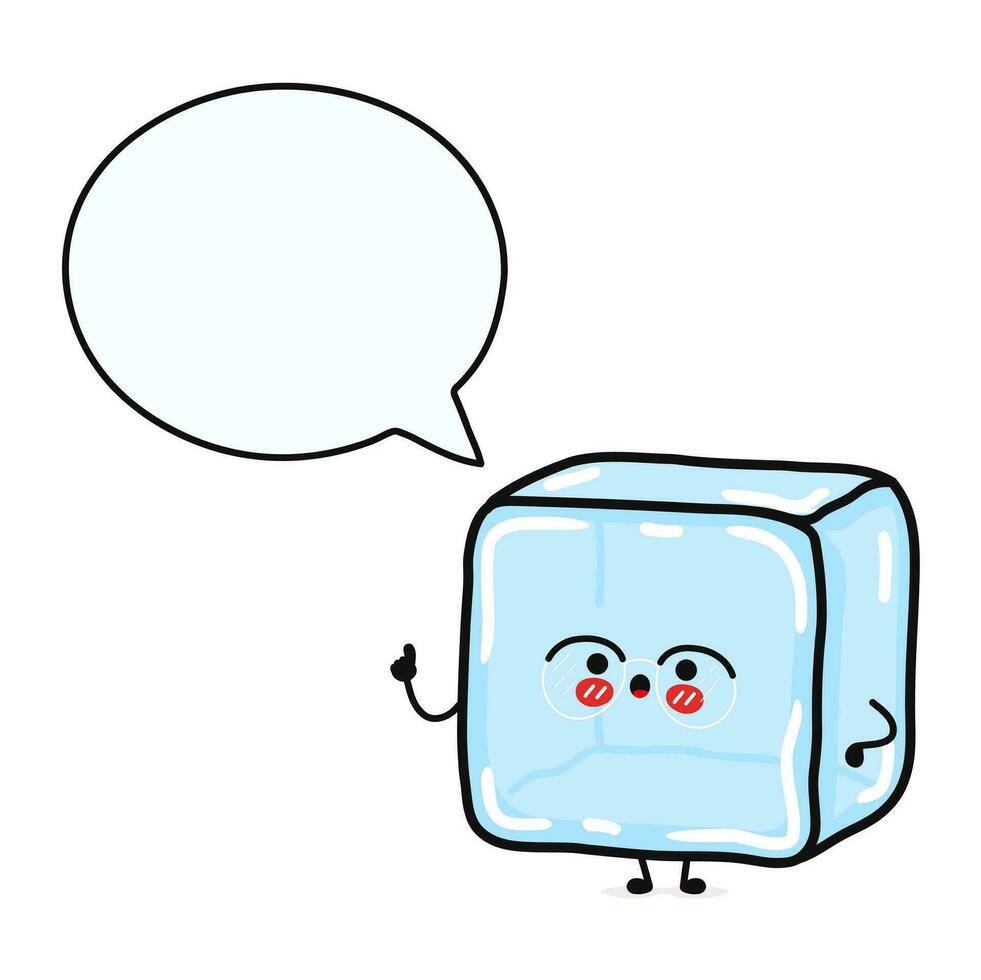 hielo cubo con habla burbuja. vector mano dibujado dibujos animados kawaii personaje ilustración icono. aislado en blanco antecedentes. hielo cubo personaje concepto