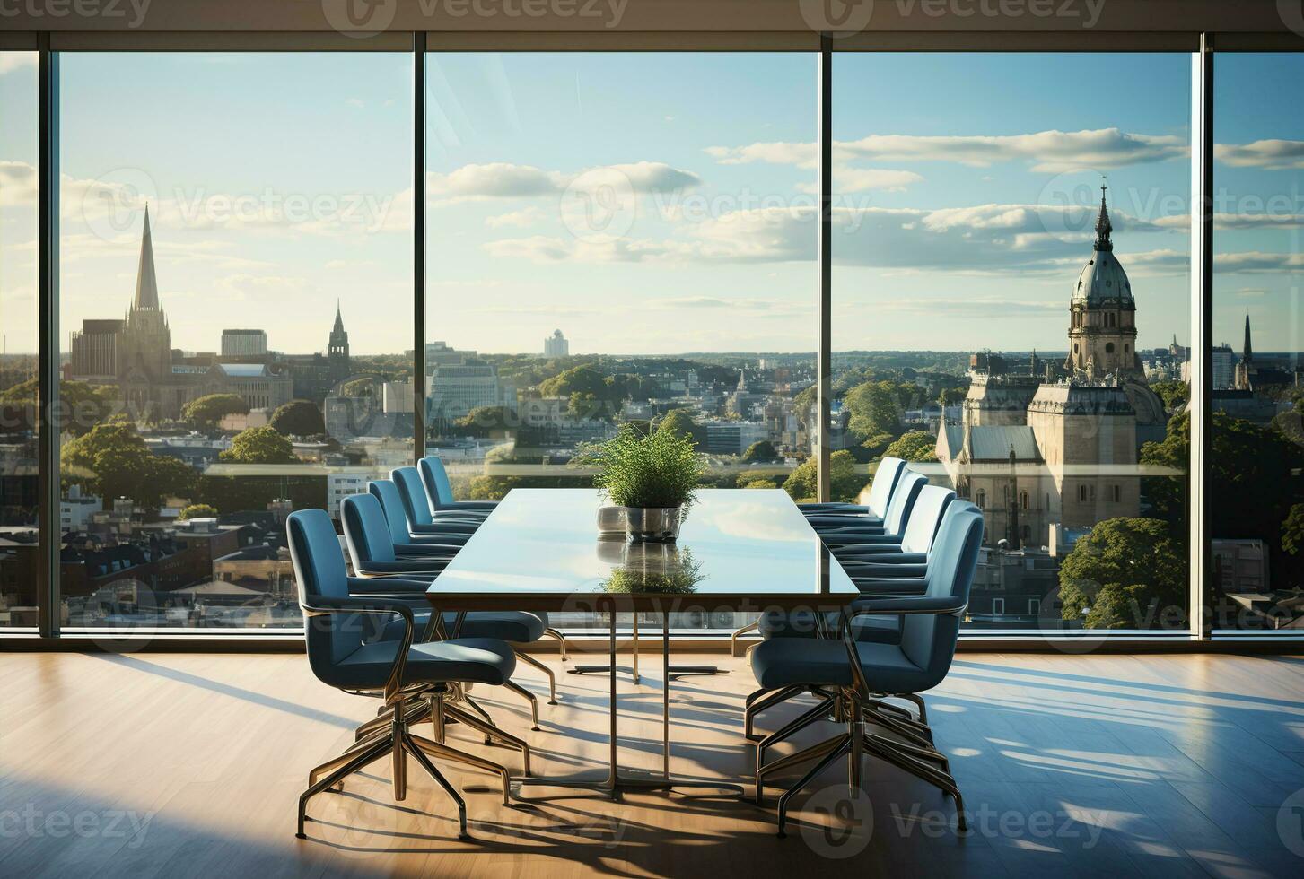 moderno oficina reunión habitación interior con vaso ventanas creado con generativo ai foto