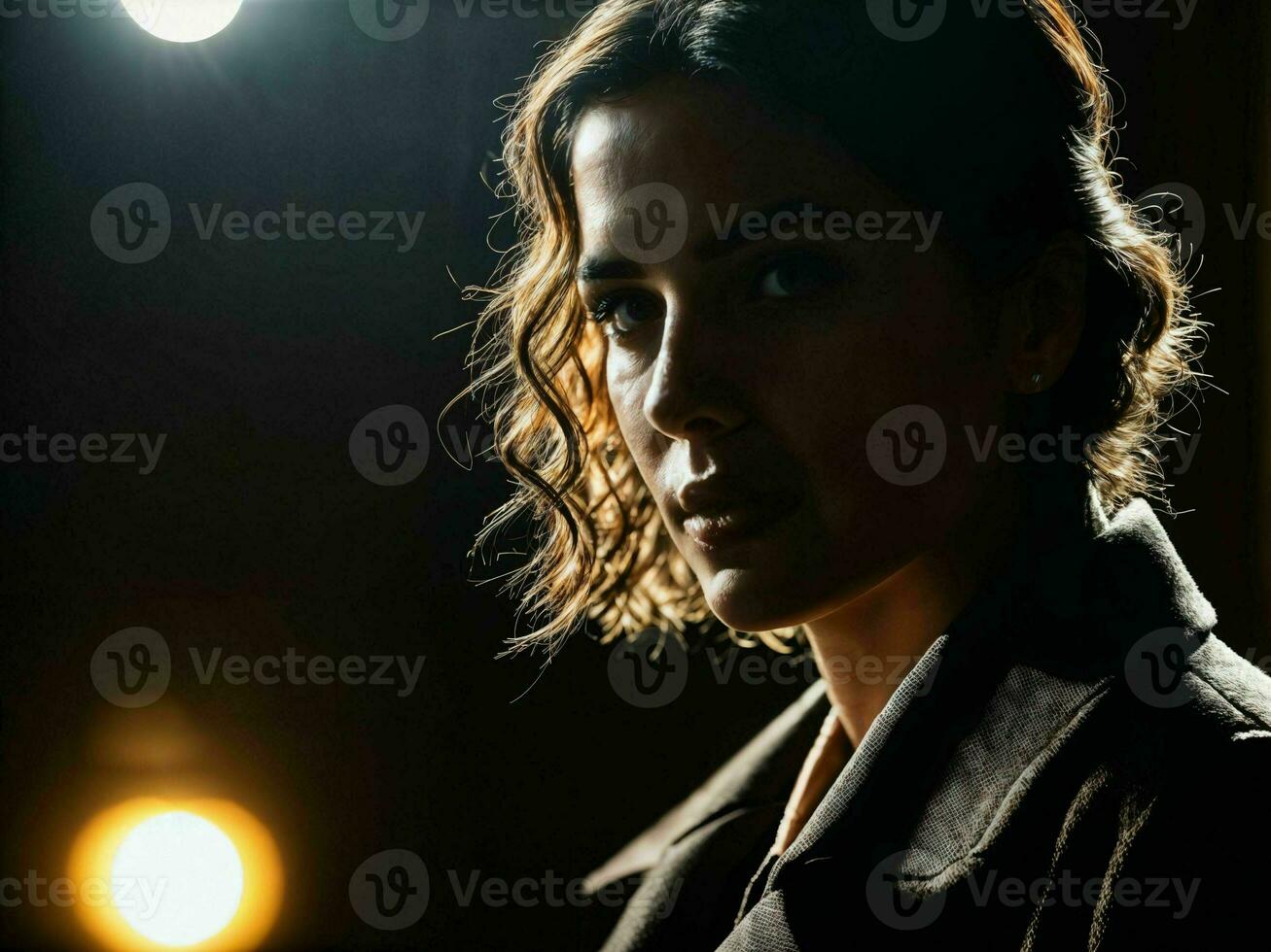 photo of serious detective woman in crime scene, generative AI