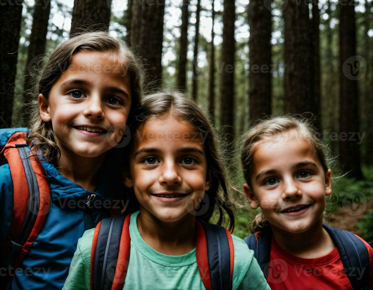 photo group of kids as a backpacker in the dark wood, generative AI