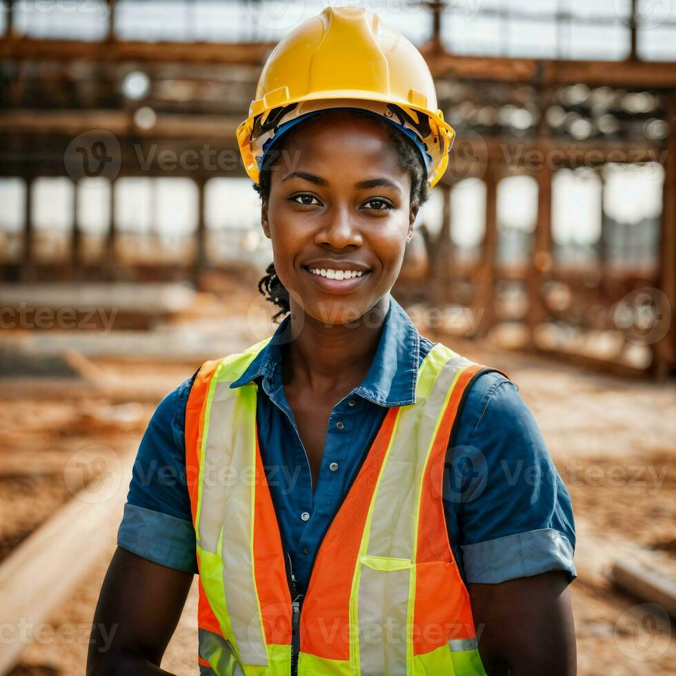 foto de africano negro mujer como un construcción trabajador con casco, generativo ai