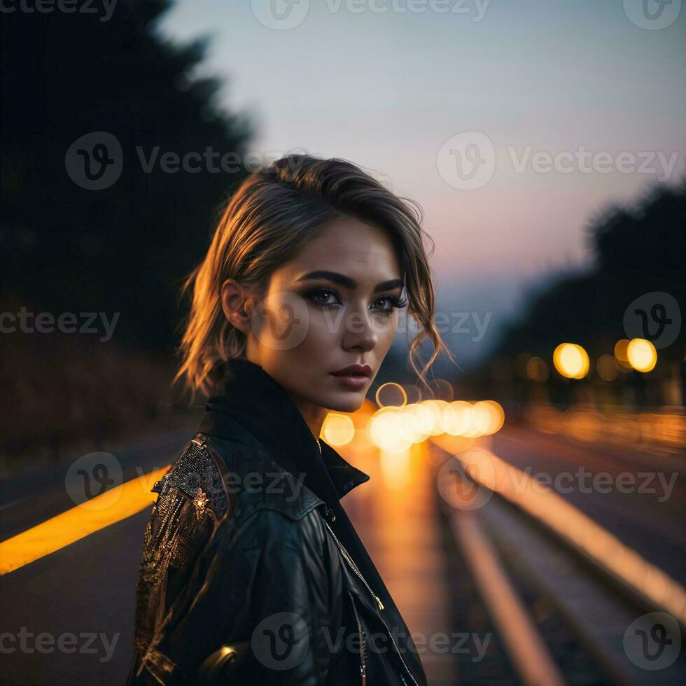 foto de mujer a calle noche con luz, generativo ai