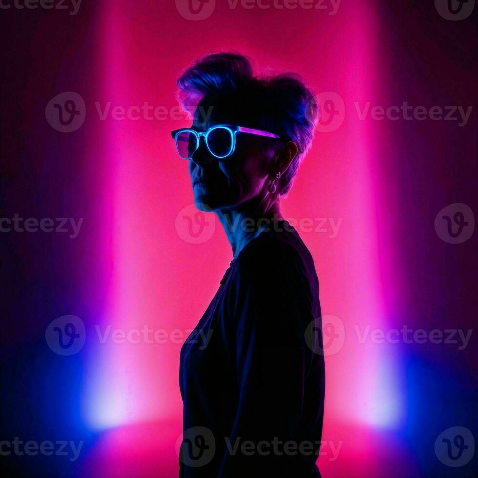 photo of middle aged old woman with with mixed pink and blue neon light, generative AI