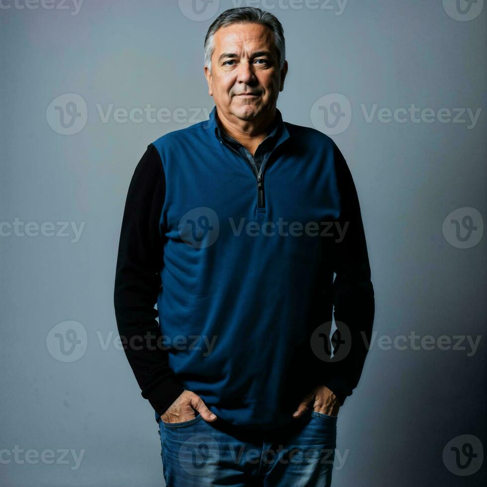 photo of middle aged old man with blue light on black background, generative AI