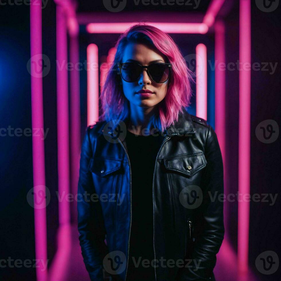 photo of beautiful woman with with mixed pink and blue neon light, generative AI