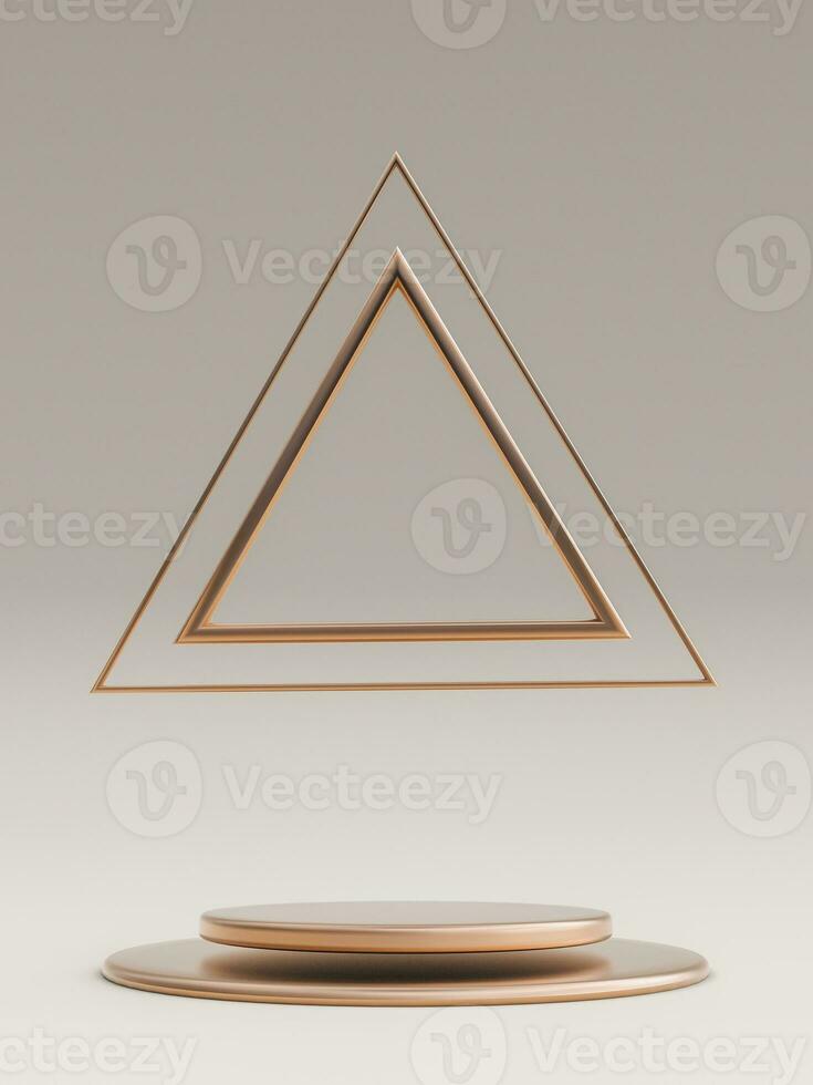 Minimal beige background with empty golden round podium and triangle elements. Geometric shapes. 3d rendering. Vertical photo