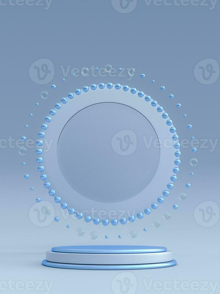 3D clean blue background with geometric round podium. and bubbles. Modern minimal graphic design. Clean background for promotion product. Vertical photo