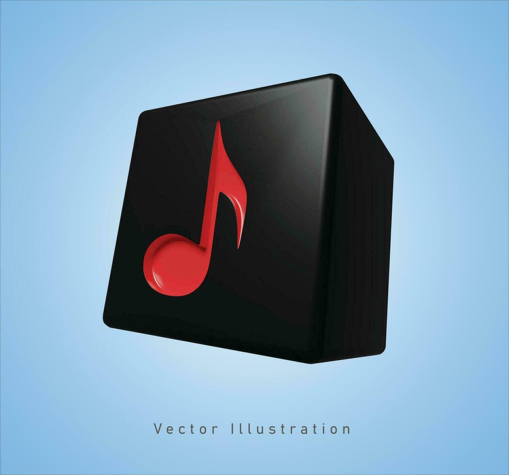 black cube with music sign in 3d vector illustration