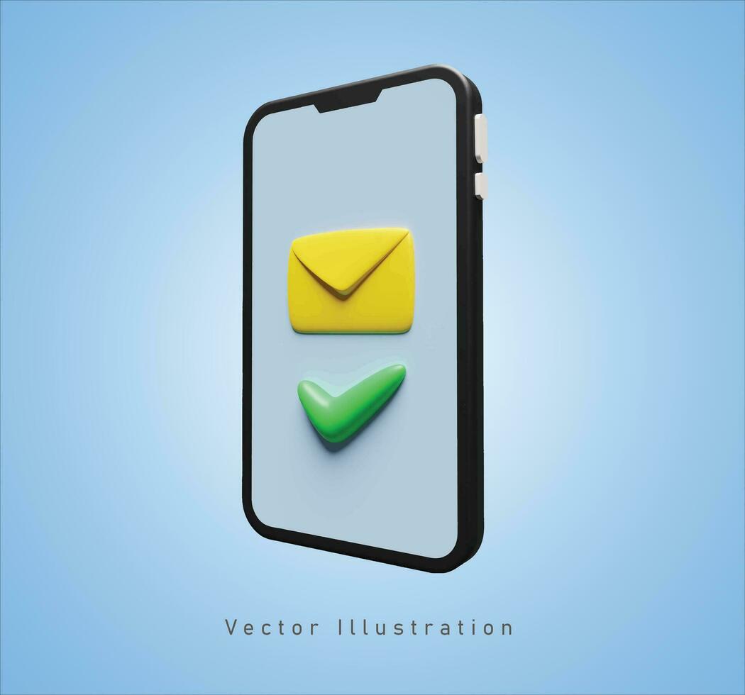 cheque mensaje en teléfono inteligente pantalla en 3d vector ilustración