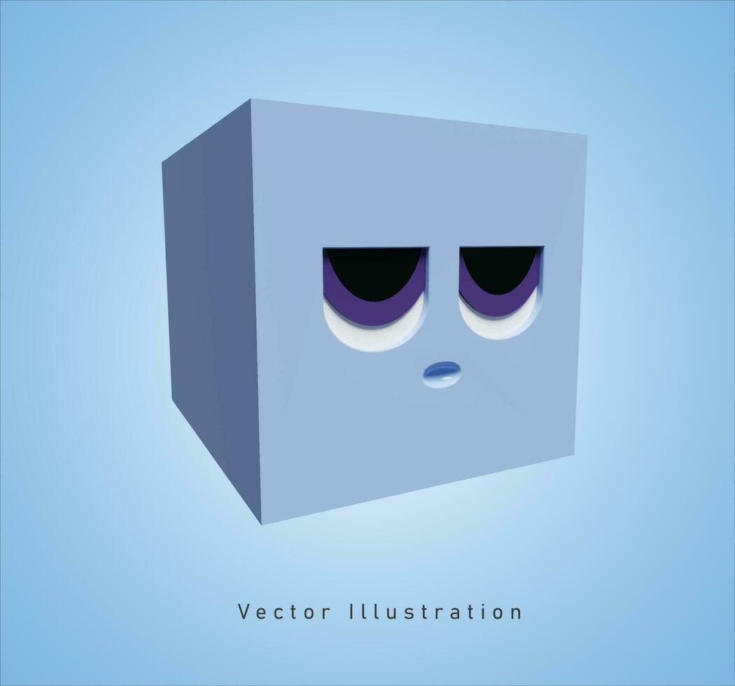 azul cubo con triste cara en 3d vector ilustracion