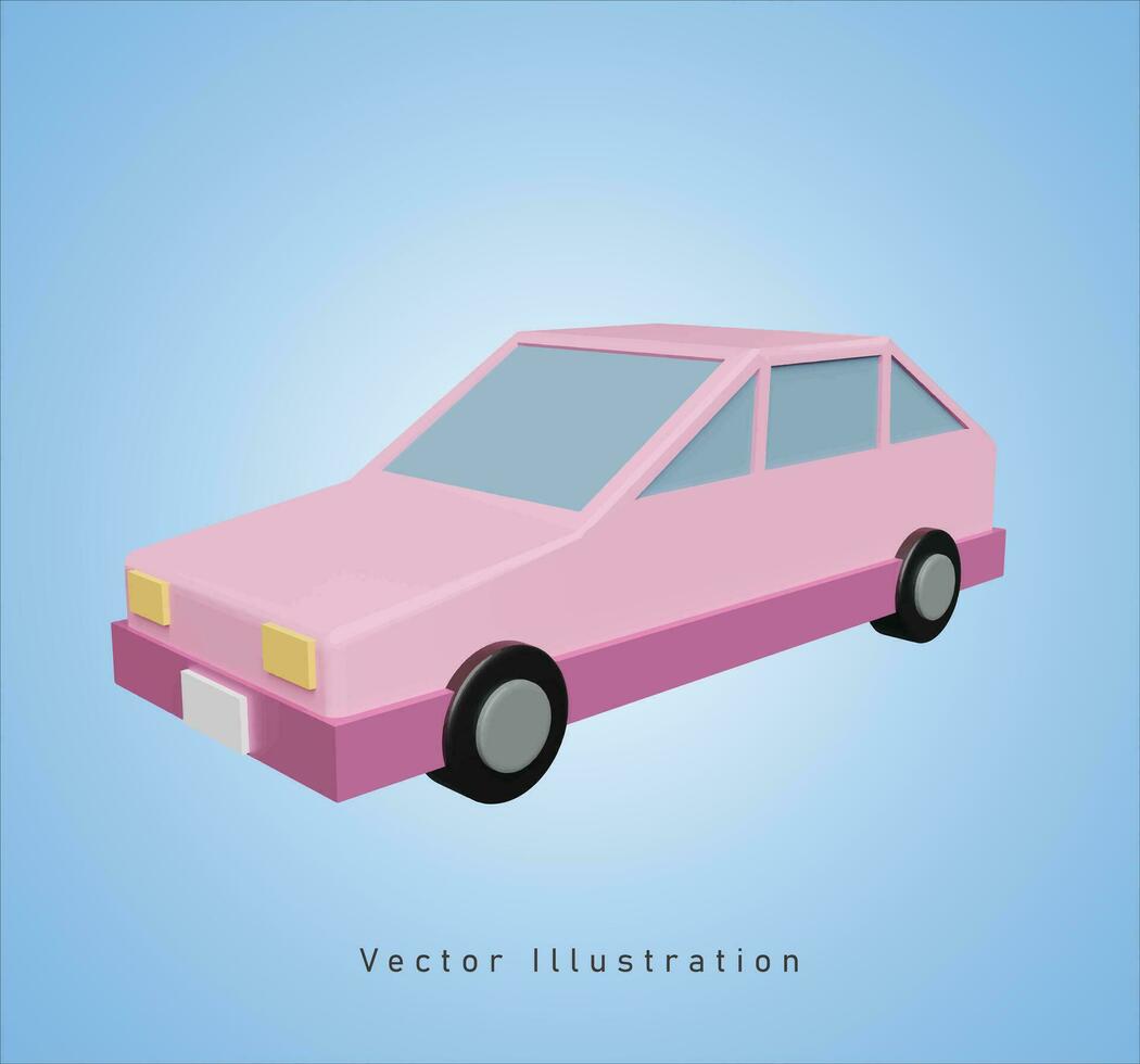 low poly pink car in 3d vector illustration