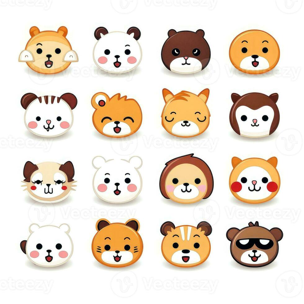 Set of animal faces, face emojis, stickers, emoticons,cartoon funny mascot characters face set, Generative AI illustration photo