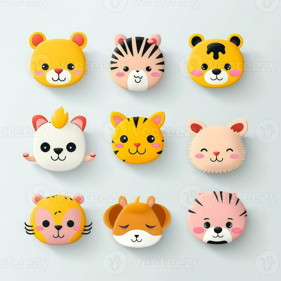 Set of animal faces, face emojis, stickers, emoticons,cartoon funny mascot characters face set, Generative AI illustration photo