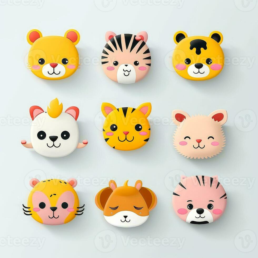 conjunto de animal caras, cara emojis, pegatinas, emoticones, dibujos animados gracioso mascota caracteres cara colocar, generativo ai ilustración foto