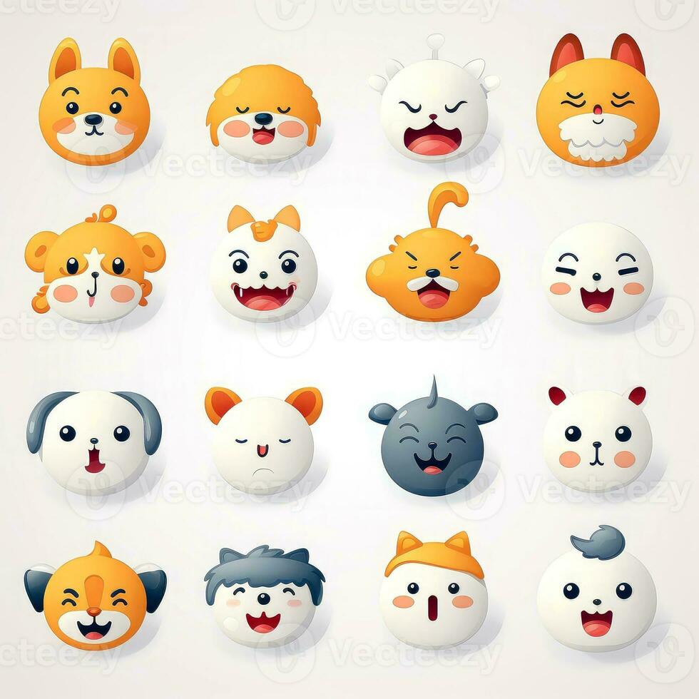 Set of animal faces, face emojis, stickers, emoticons,cartoon funny mascot characters face set, Generative AI illustration photo