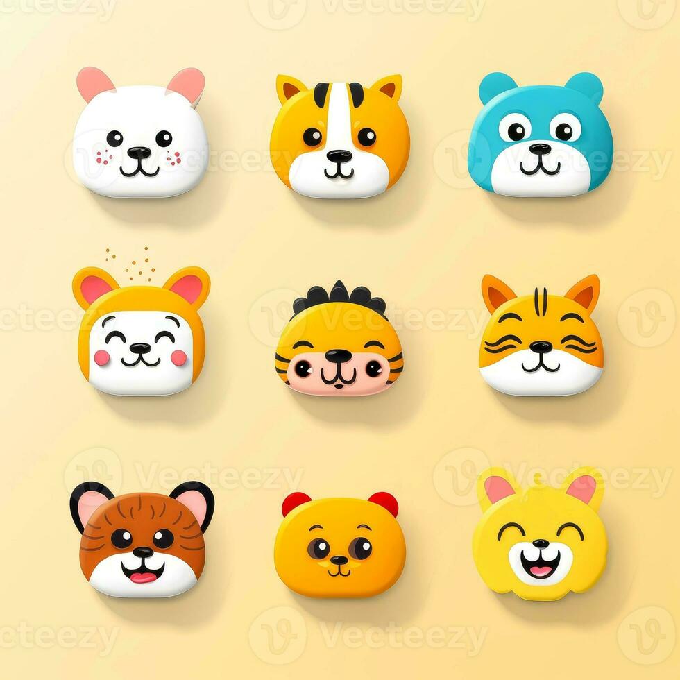 Set of animal faces, face emojis, stickers, emoticons,cartoon funny mascot characters face set, Generative AI illustration photo