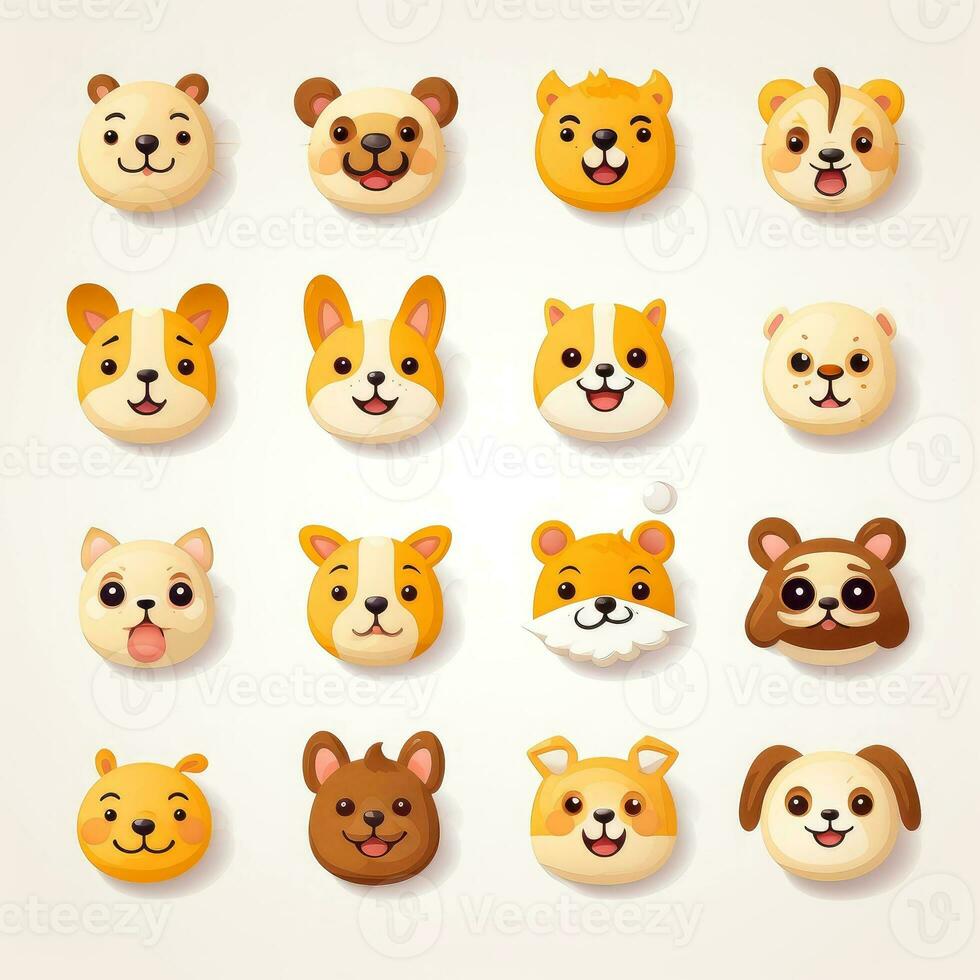 Set of animal faces, face emojis, stickers, emoticons,cartoon funny mascot characters face set, Generative AI illustration photo