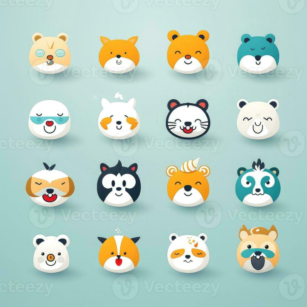 Set of animal faces, face emojis, stickers, emoticons,cartoon funny mascot characters face set, Generative AI illustration photo