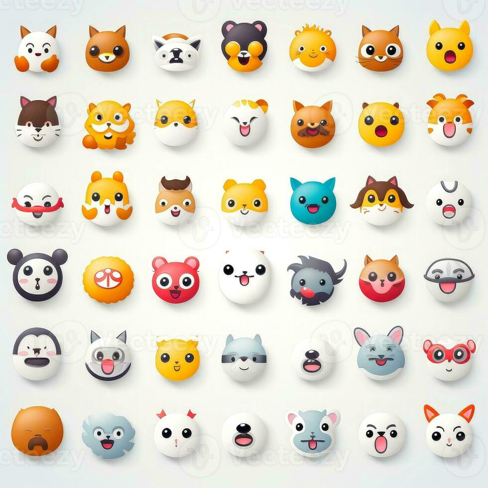 Set of animal faces, face emojis, stickers, emoticons,cartoon funny mascot characters face set, Generative AI illustration photo