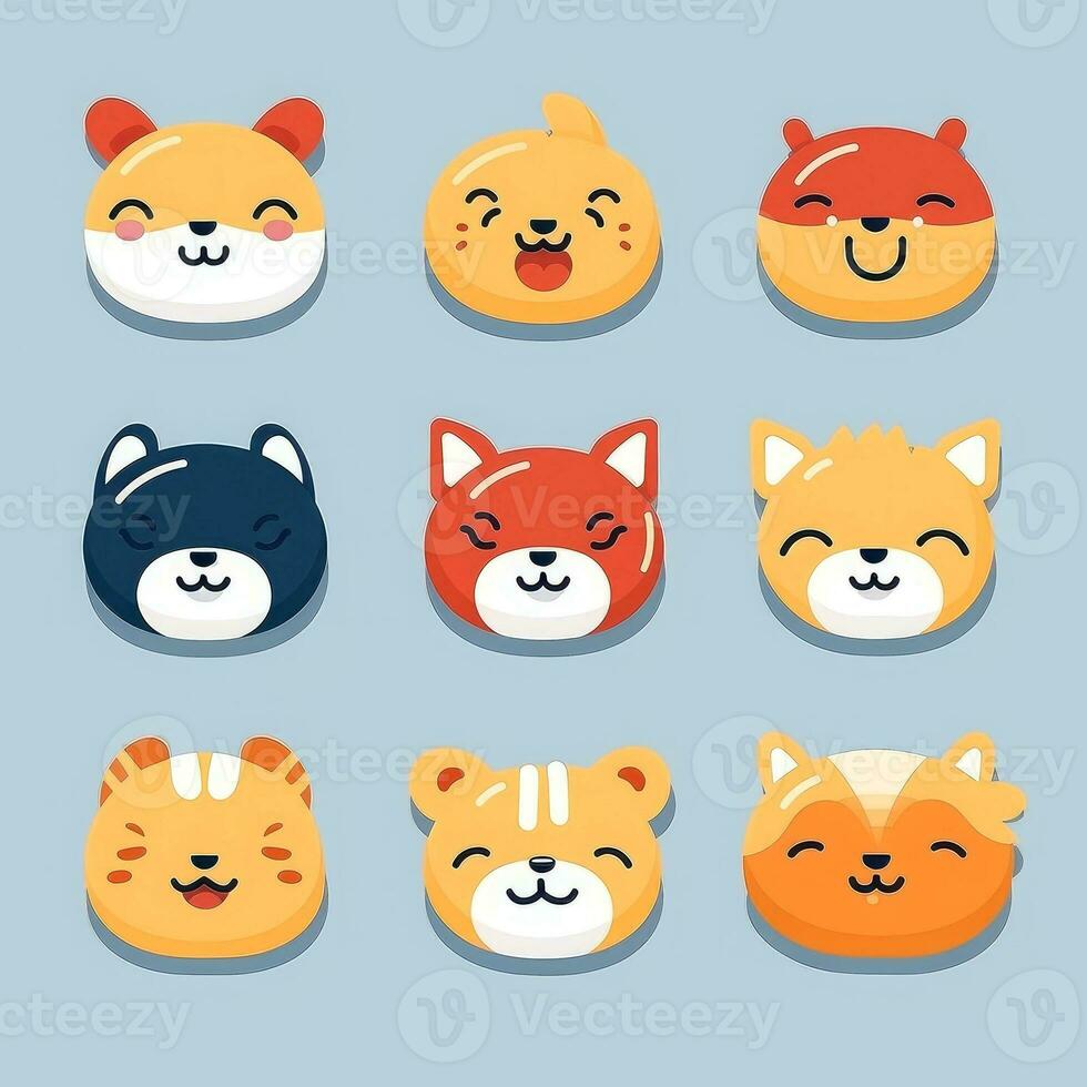 Set of animal faces, face emojis, stickers, emoticons,cartoon funny mascot characters face set, Generative AI illustration photo