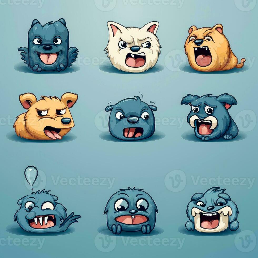 Set of animal faces, face emojis, stickers, emoticons,cartoon funny mascot characters face set, Generative AI illustration photo