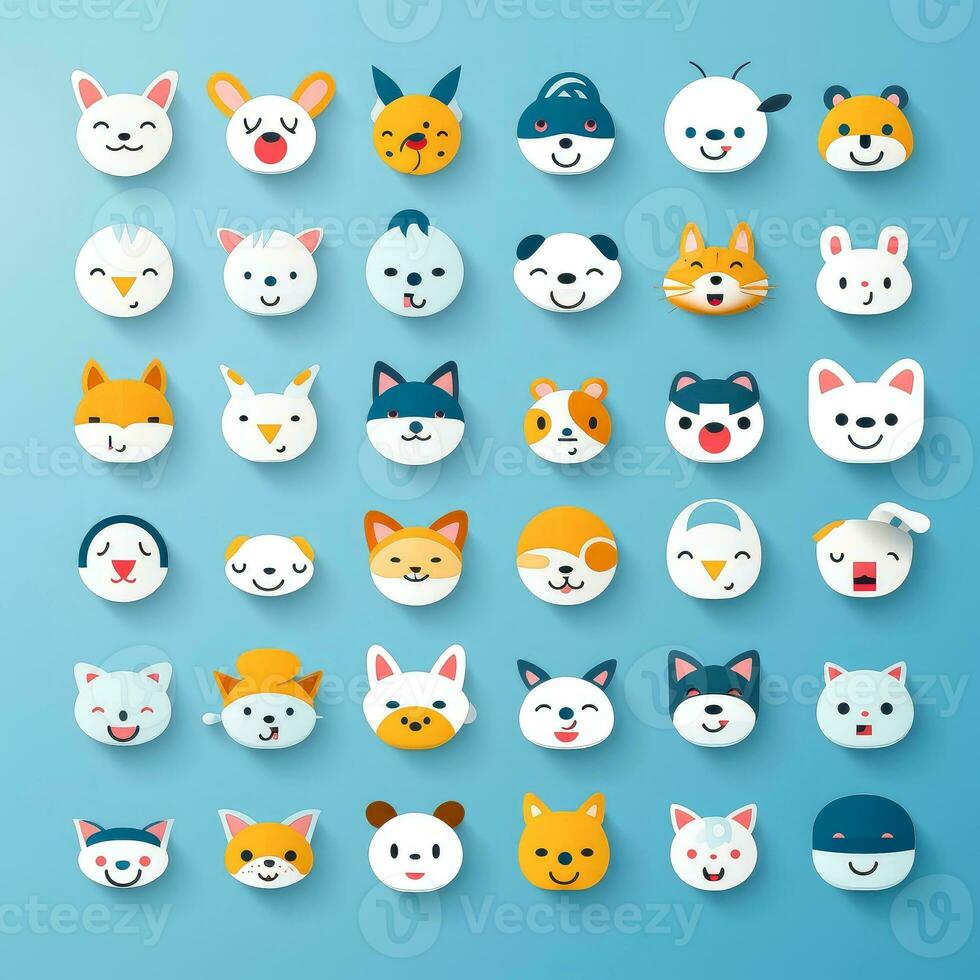 conjunto de animal caras, cara emojis, pegatinas, emoticones, dibujos animados gracioso mascota caracteres cara colocar, generativo ai ilustración foto